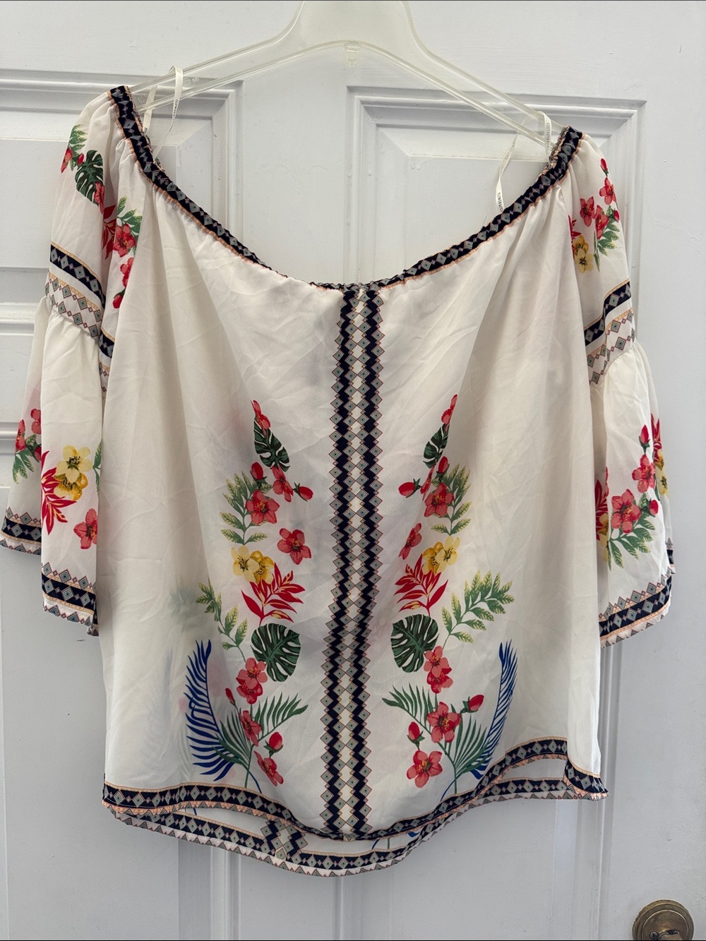 Off the shoulder multi color  Flower & Feather blouse